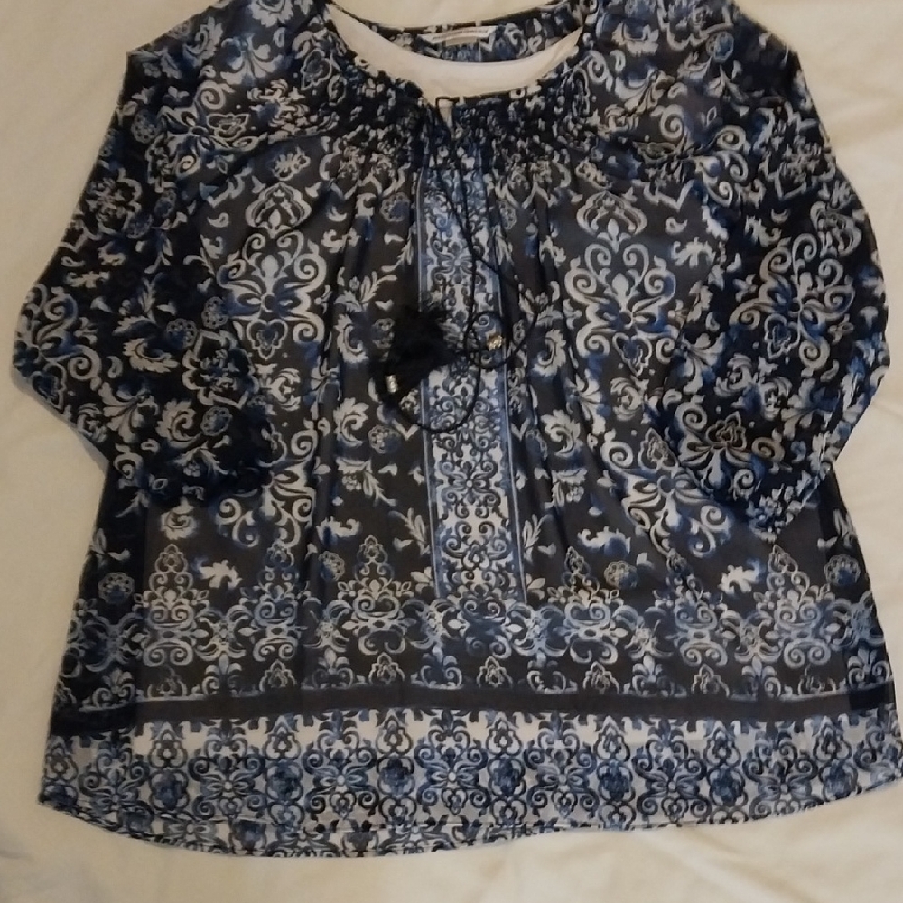 Allison Daley Blue and White Tie Front Blouse